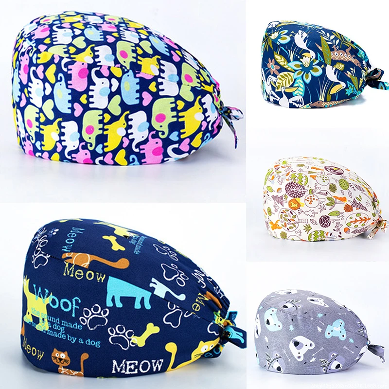 

35 Styles Cartoon Animal Flower Printed Elastic Lace-up Surgical Nurse Cap Comfortable Women Medical Doctor Clean Cook Work Hat