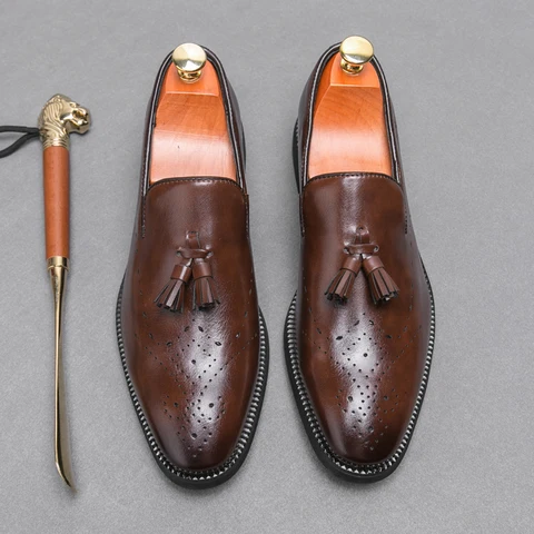 Туфли мужские деловые кожаные, стиль джентльмен, повседневные, плоская подошва, бахрома, большой размер 38-48
