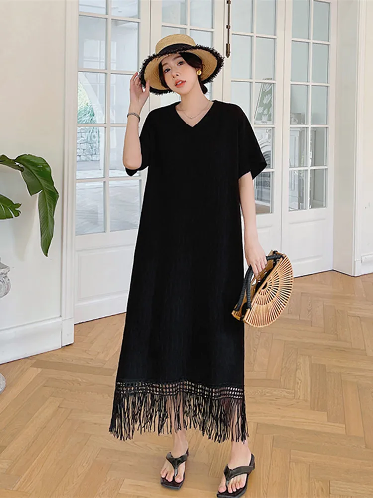 

Женское длинное платье с коротким рукавом, свободное темно-синее платье с кружевной бахромой и Текстурным принтом, Новинка лета 2023