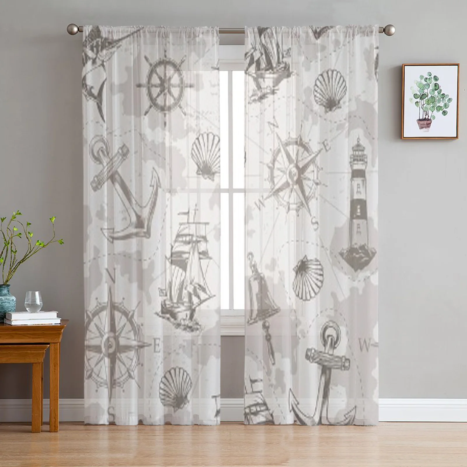 Винтажные прозрачные Занавески с морским кораблем морскими колокольчиками