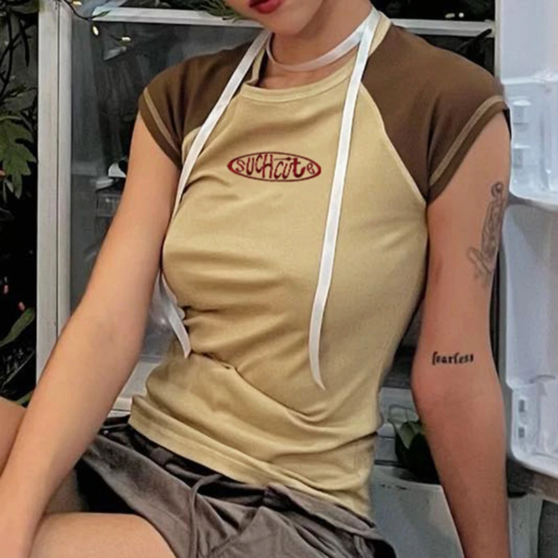 

Summer Raglan Sleeve Embroidery Letters Women's Short Casual T-shirt Fashion Girls Short Sleeve Slim Crop Tops Khaki S M L