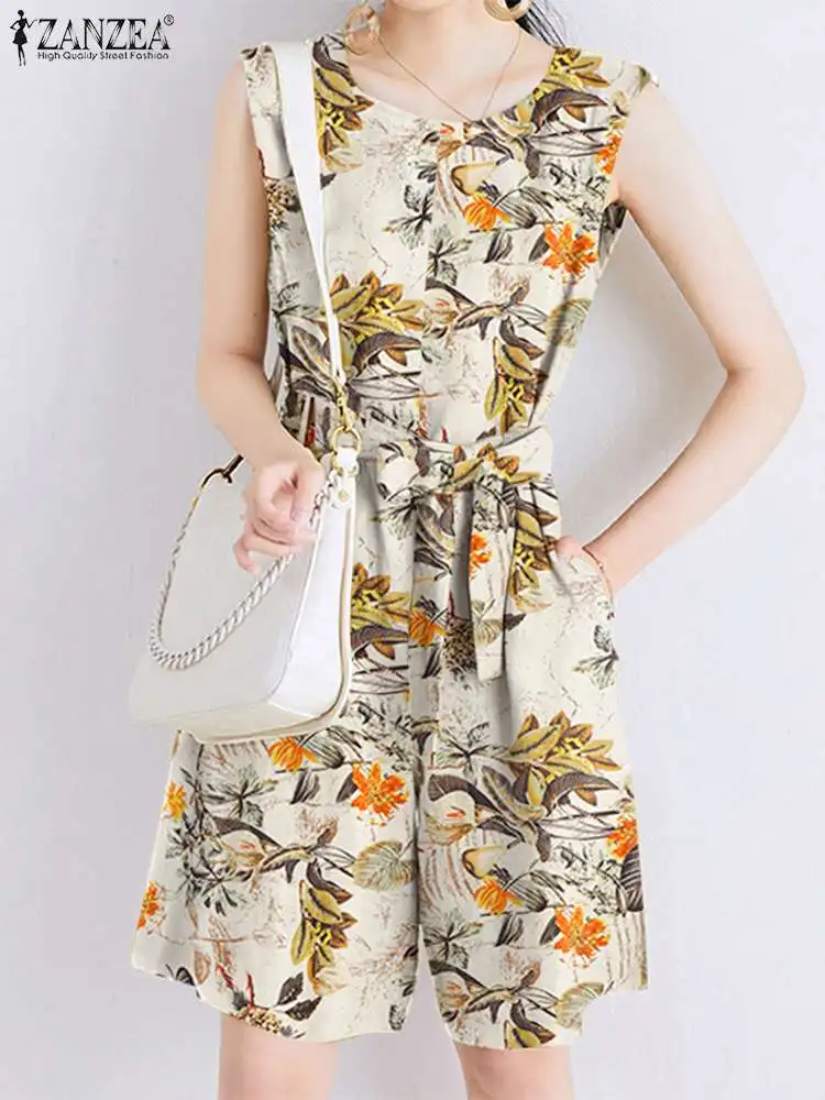 

Vintage Printed Overalls Women Summer Jumpsuits ZANZEA 2022 Casual Sleeveless Zipper Playsuits Female Floral Rompers Oversized