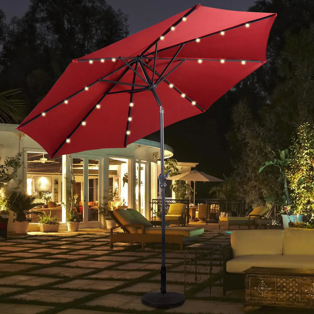 

Costway 10ft Patio Solar Umbrella LED Patio Market Steel Tilt W/ Crank (Burgundy) OP2805BUG