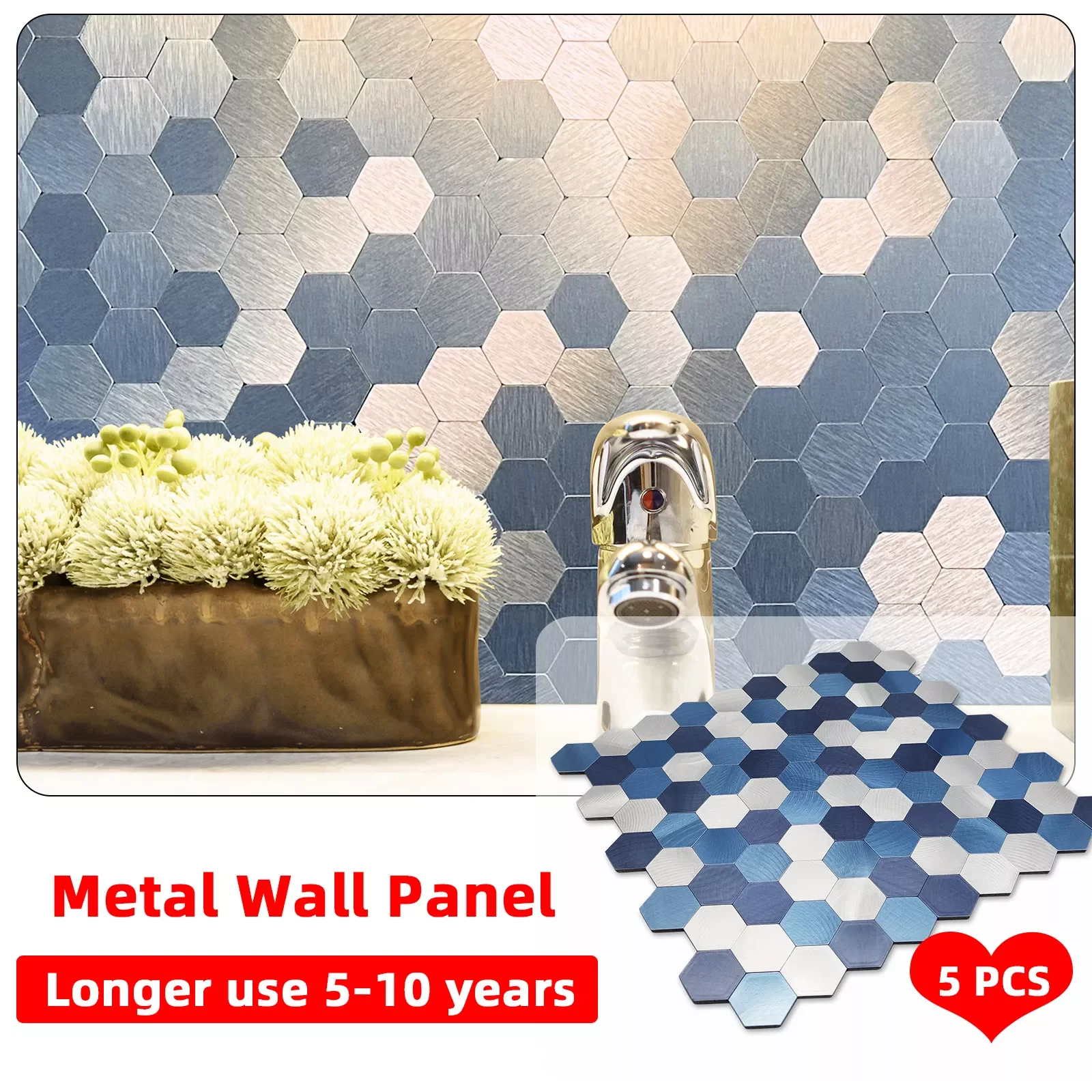 

30x30cm 5pcs Mosaic Metal Aluminium Composite Wall Panel Peel and Stick Tile Sticker Hexagon Self Adhesive Decoration Wallpaper