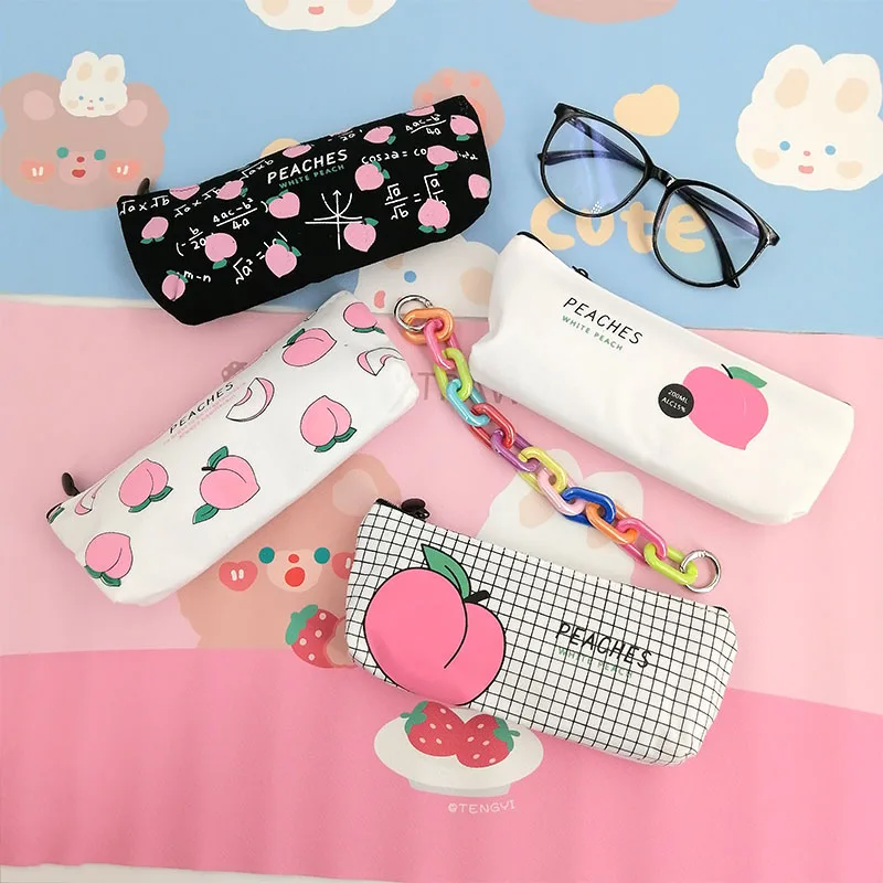 

1 шт. кавайный персиковый чехол для ручек и карандашей, Холщовый школьный стационарный чехол для макияжа, косметический чехол на молнии, чех...