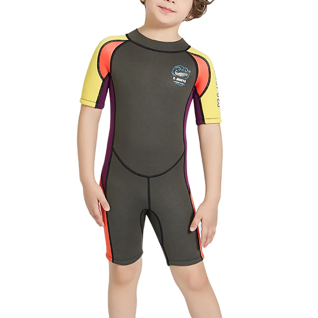

2.5MM Kids Wetsuit Rash Guard Swimsuits Swimwear Snorkel Short Sleeve Surf Set Jellyfish Suit Yellow purple sleeve S