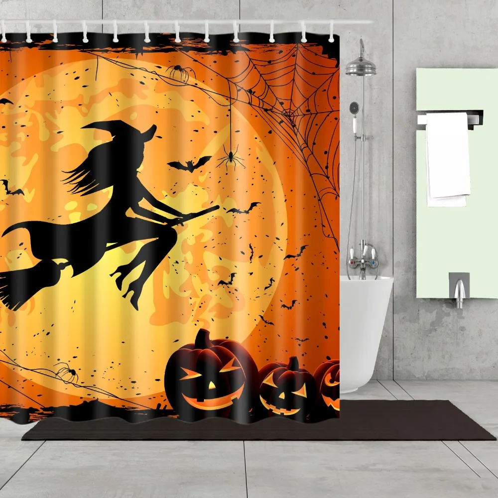 

Happy Halloween Cartoon Wizard Pumpkin Print Shower Curtain Fabric Waterproof Polyester Shower Curtain With Hook