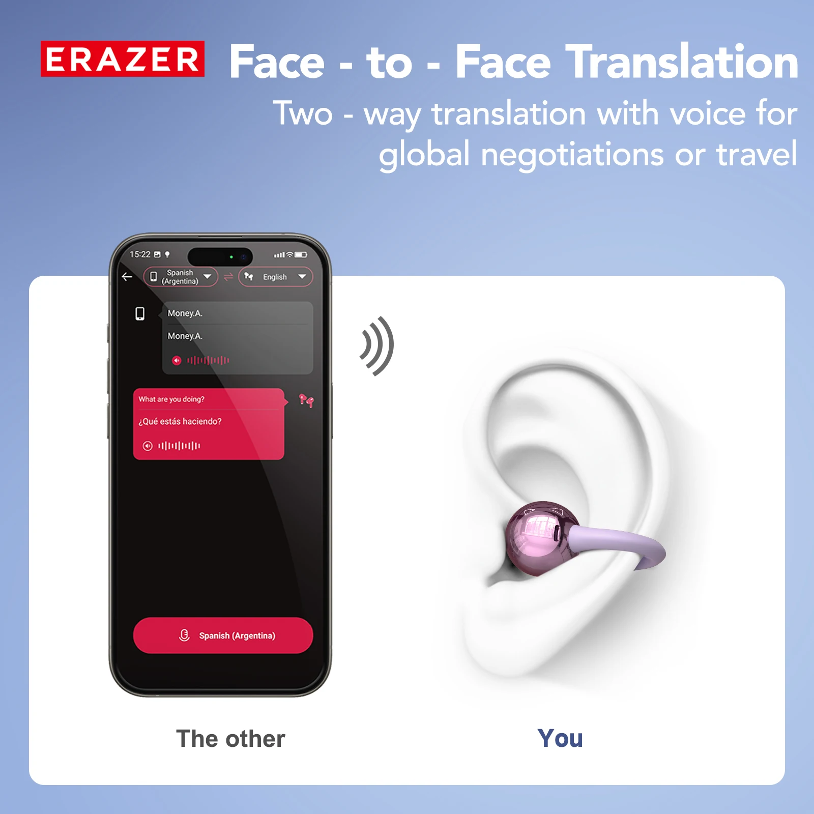 Фото Беспроводные наушники Erazer XF36 с AI-переводом, открытой конструкцией, комфортной посадкой, стереозвуком и объемным звучанием для спорта, путешествий и офиса №4