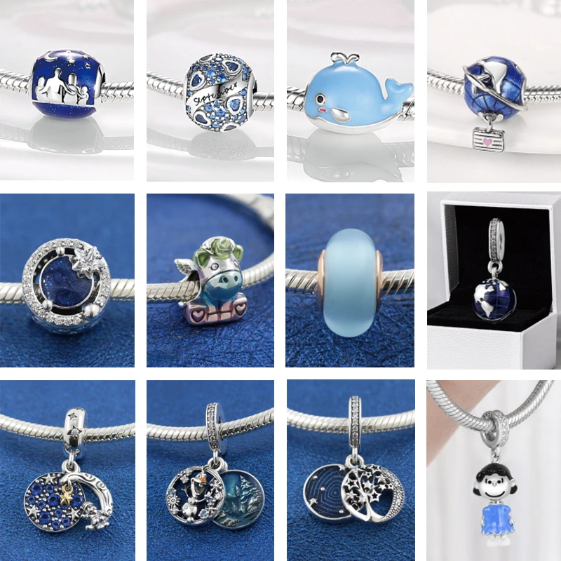 Genuine 925 Sterling Silver Blue Night Sky Sparkling Star Moon Charms Beads Fit Original pandora Bracelets Jewelry gift