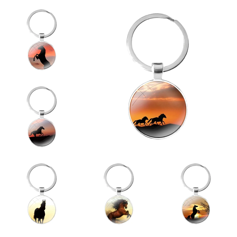 

Брелок с красивыми лошадьми закат стеклянный брелок с кабошоном брелок для автомобильных ключей кольцо держатель подвески Брелки Подарки