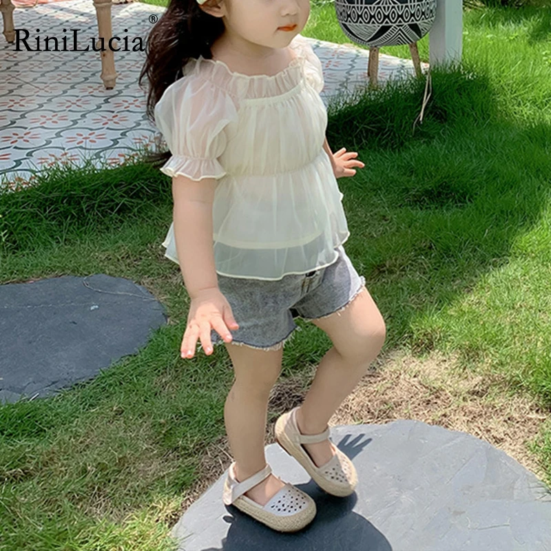 

RiniLucia Shirts For Kids Girls Summer Tulle Kids Tops Fashion Apricot Shirt For Children Short Sleeve Clothing Korean Style
