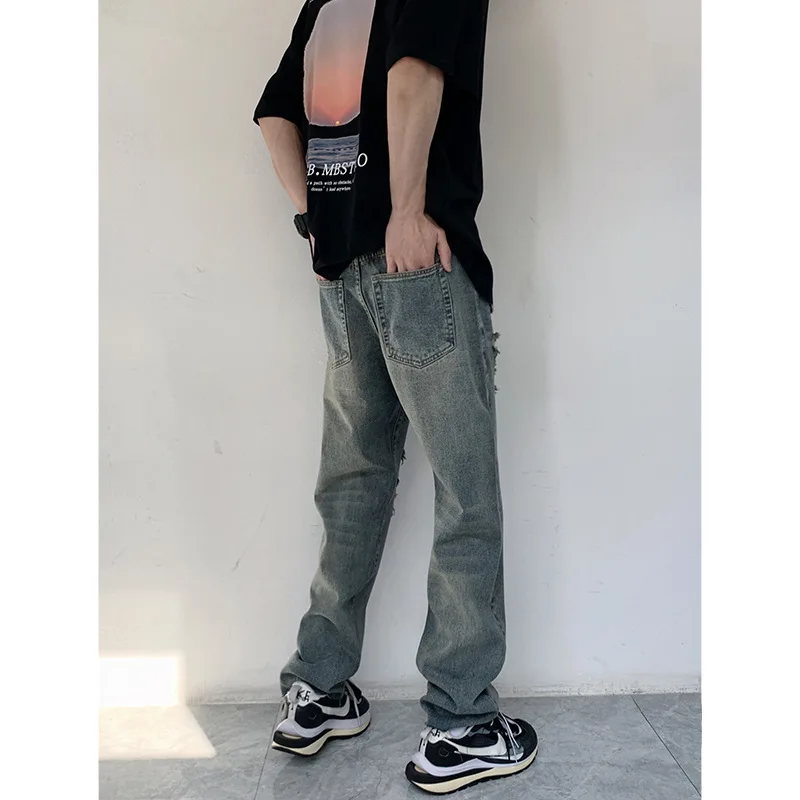 2022 New Streetwear Men Jeans Worn Washed Straight Loose Boys Ripped Jeans for Men Denim Pants Casual Full Length Trousers