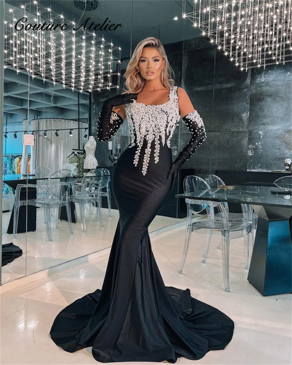 

Morden Beaded Lace Applique Spaghetti Saudi Arabia Black Evening Dresses With Gloves Dubai Formal Women Mermaid Wedding Robe