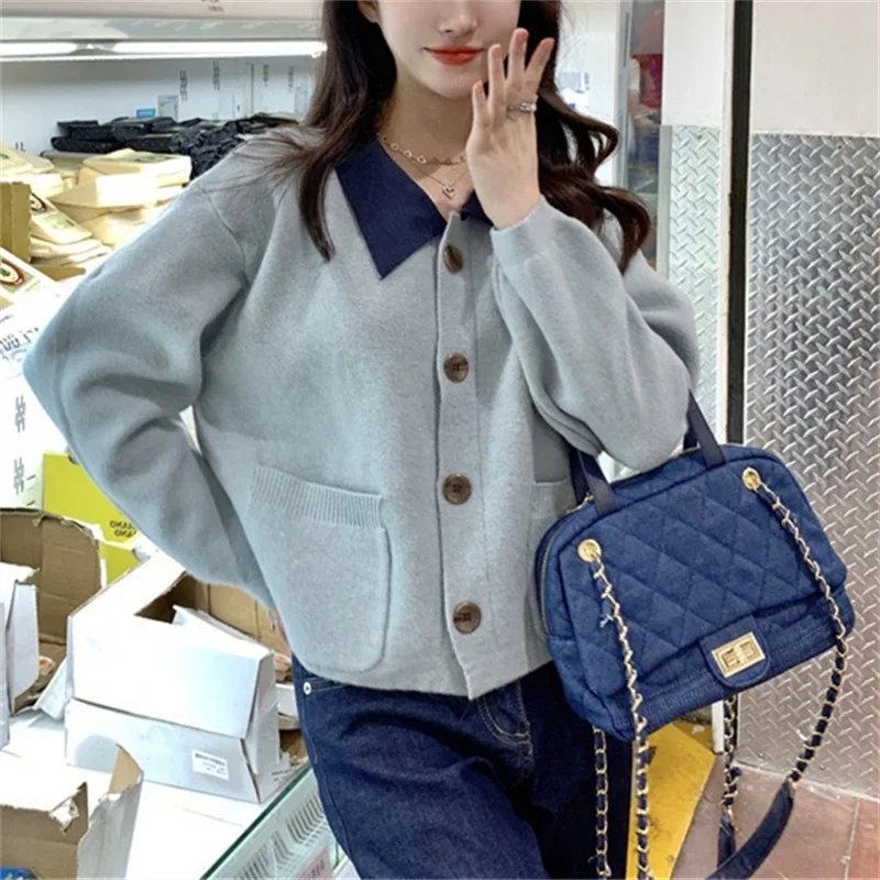 Ленивый универсальный свитер с воротником-поло контрастного цвета кардиган