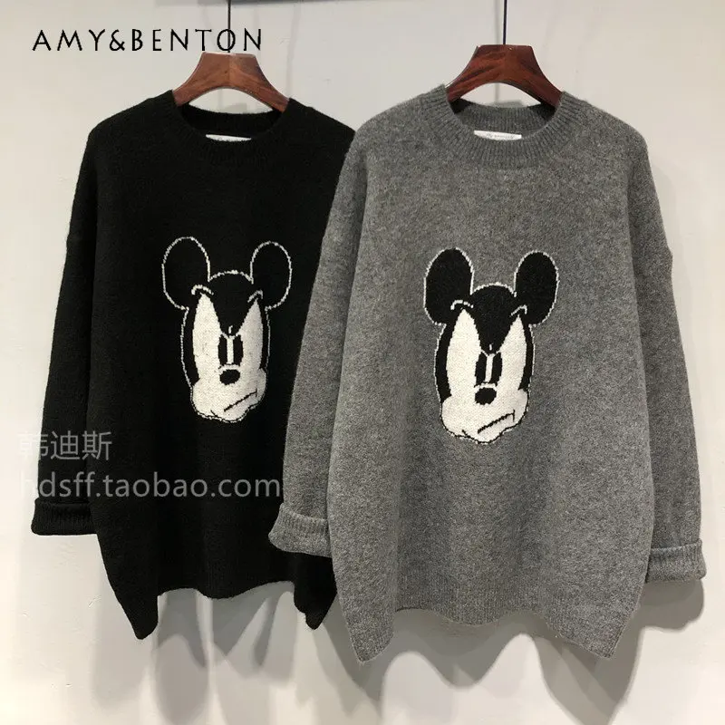 

Autumn and Winter New Cartoon Pattern Loose Oversize Sweater Top for Ladies Mid-Length Batwing Sleeve Sweater Pullover for Women