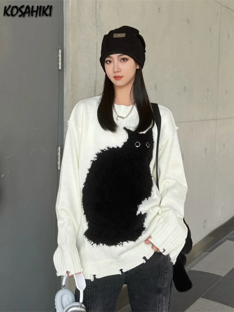 

Black Cat Patchwork Sweater Women Harajuku Kntted Tops Pull Femme Japanese Y2k Aesthetic Jumper Sueter Mujer