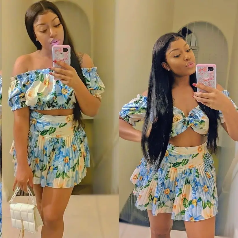 

Casual Women Print Two Piece Set Skirt Slash Neck Tank Top + Mini Dress Streetwear Tracksuit Clothes For Women Outfit