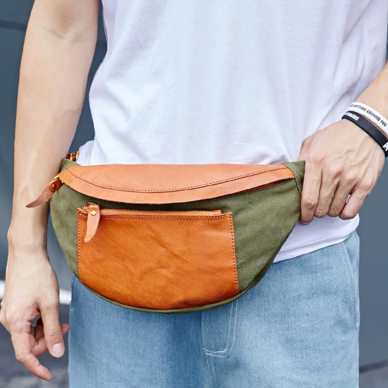 

Men's Chest Bag Canvas Waist Bag Outdoor Sports Messenger Shoulder Bag Leather Retro Unisex Bag