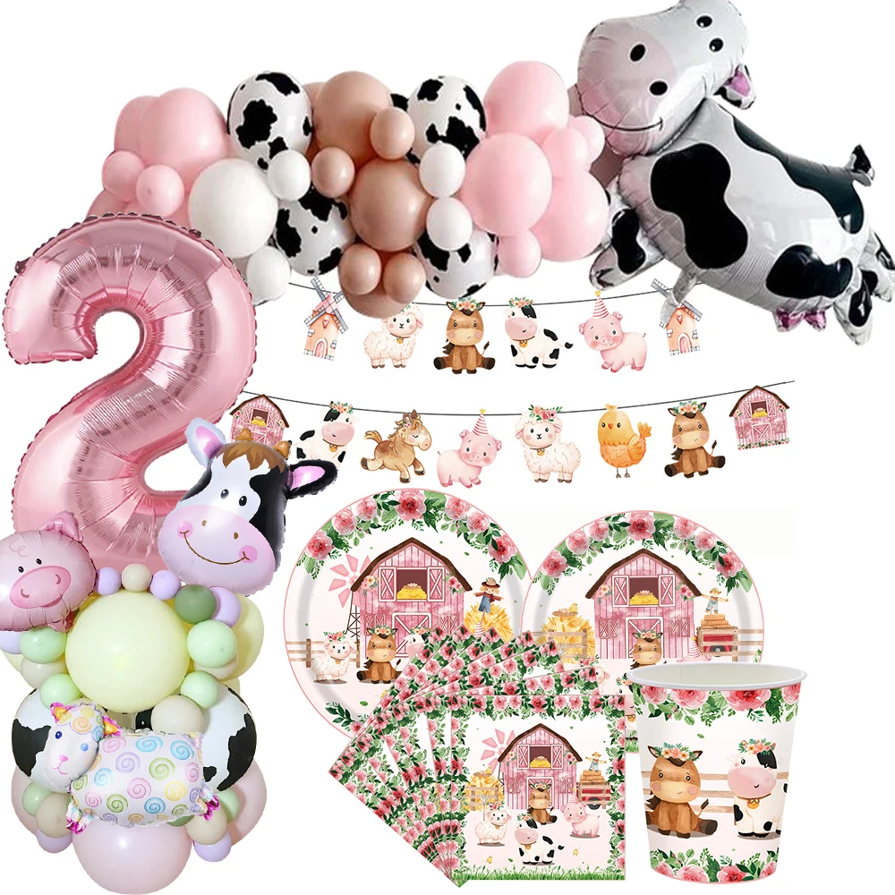 

1Set Pink Farm Animal Disposable Tableware Carton Cake Toppers Banners for Girl's Farm Animal Themed Birthday Party Decorations