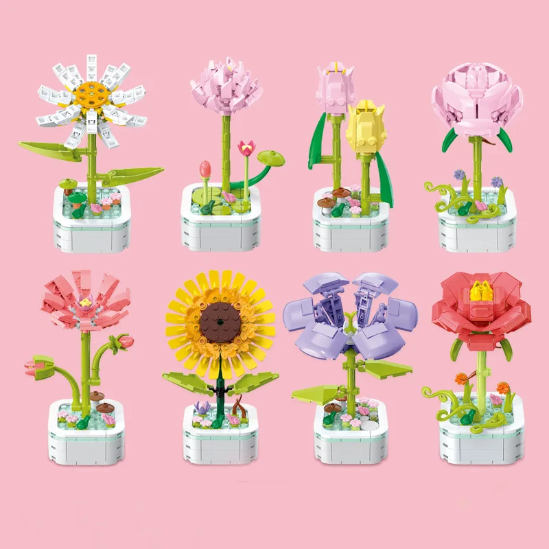 

Креативный горшок для цветов в горшке, Подсолнух, лотос, пион, украшение для балкона, внутри помещения, строительные блоки, кирпичи, игрушки, подарки