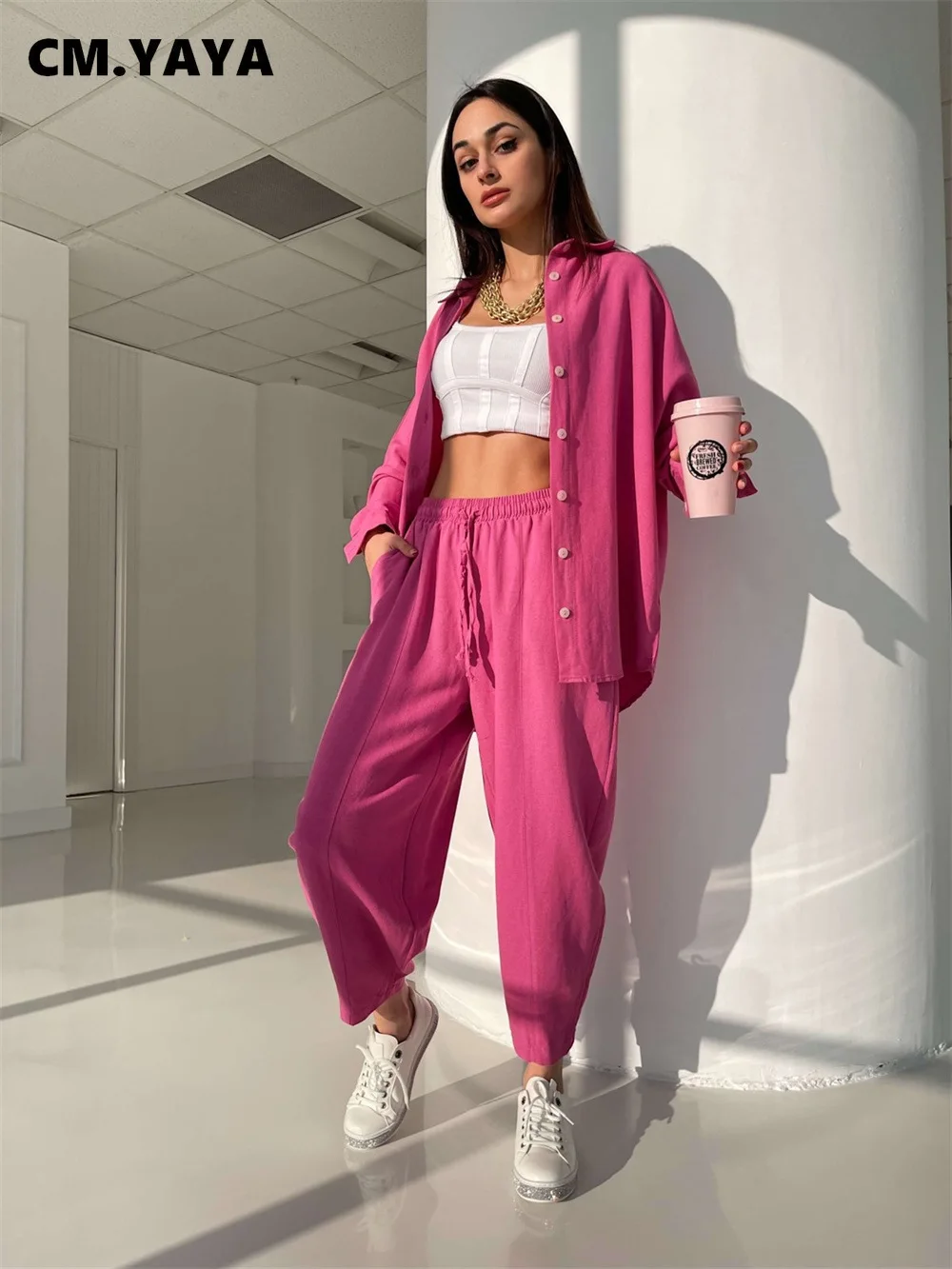 

CM.YAYA Elegant Women's Set Long Sleeve Shirt and Haren Loose Straight Pants Matching Two 2 Piece Set Outfits Street Tracksuit