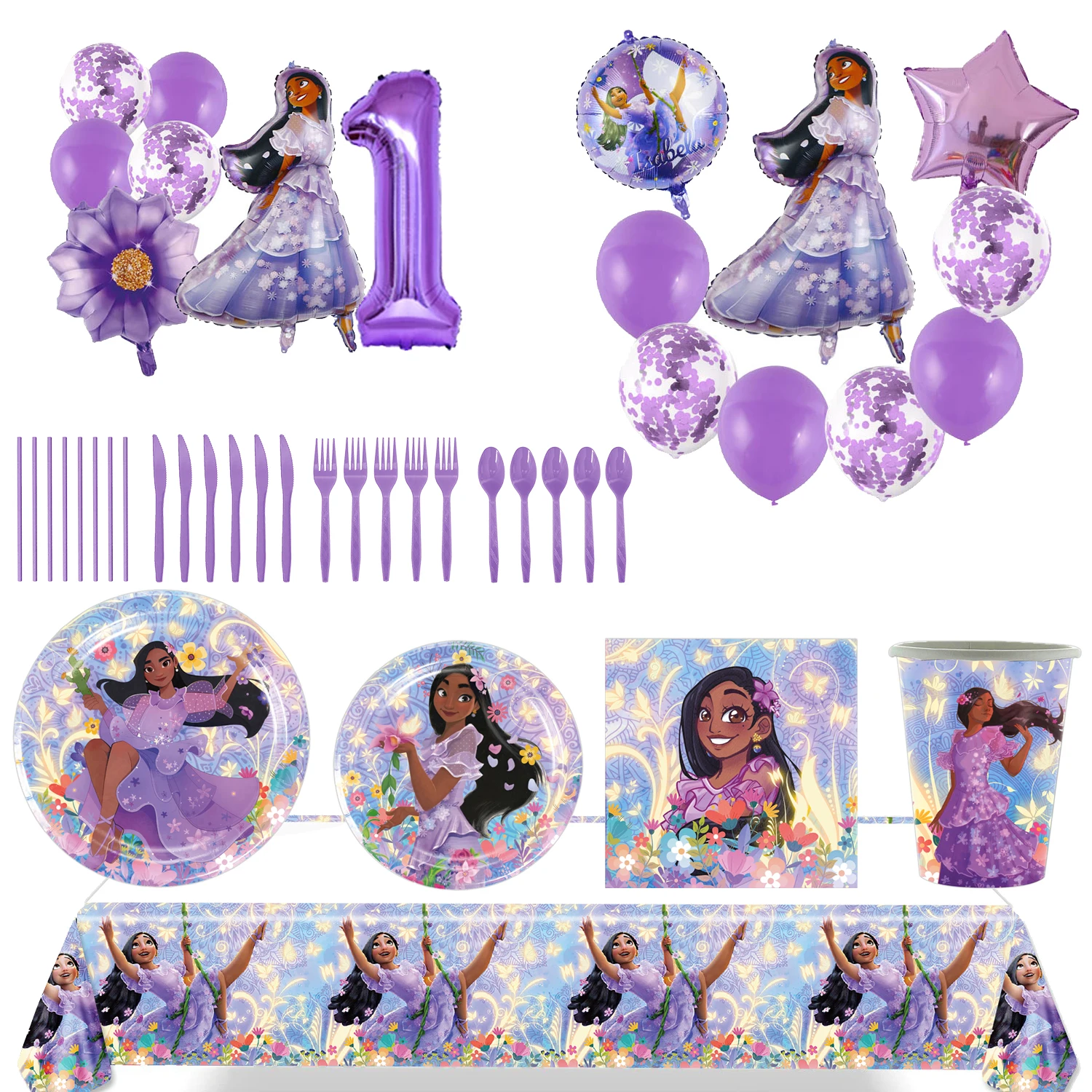 

Disney Encanto Isabella Purple Theme Birthday Party Decoration Disposable Balloon Tableware Background Baby Shower Girl Kid Gift