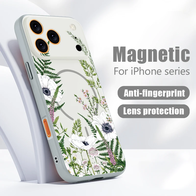 Фото Чехол INS с рисунком белых цветов для iPhone 17 Pro Max, магнитный, для Magsafe, тонкий матовый чехол для iPhone 16 15 14 13 Pro Max №3