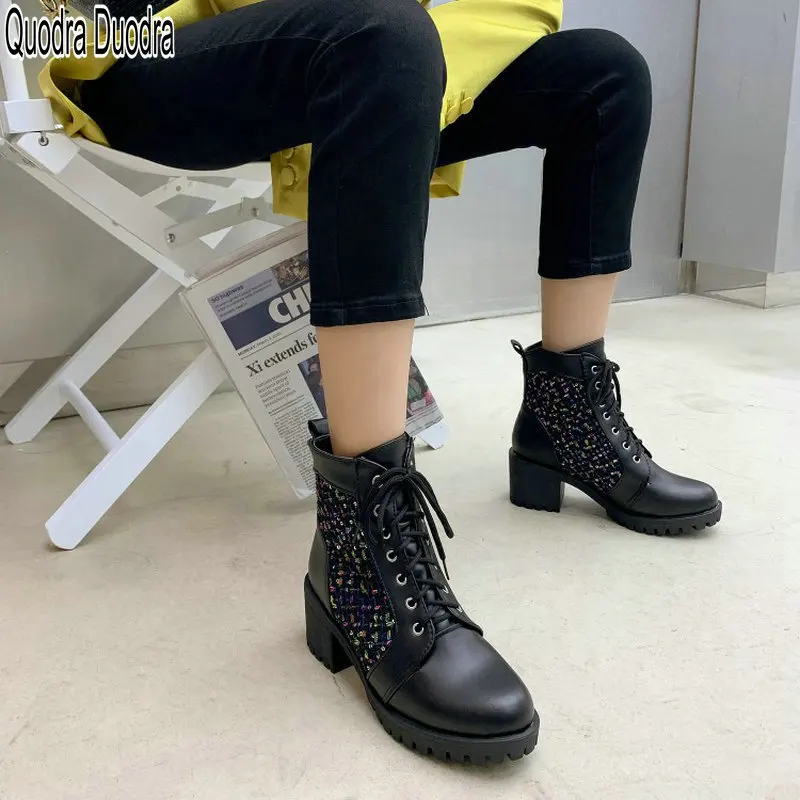 

Fashion Ankle Boots New Women Female Shoes Thick High Heels Winter Chunky Warm Plush Elegant 45 Martin Boots Cross-tied Round