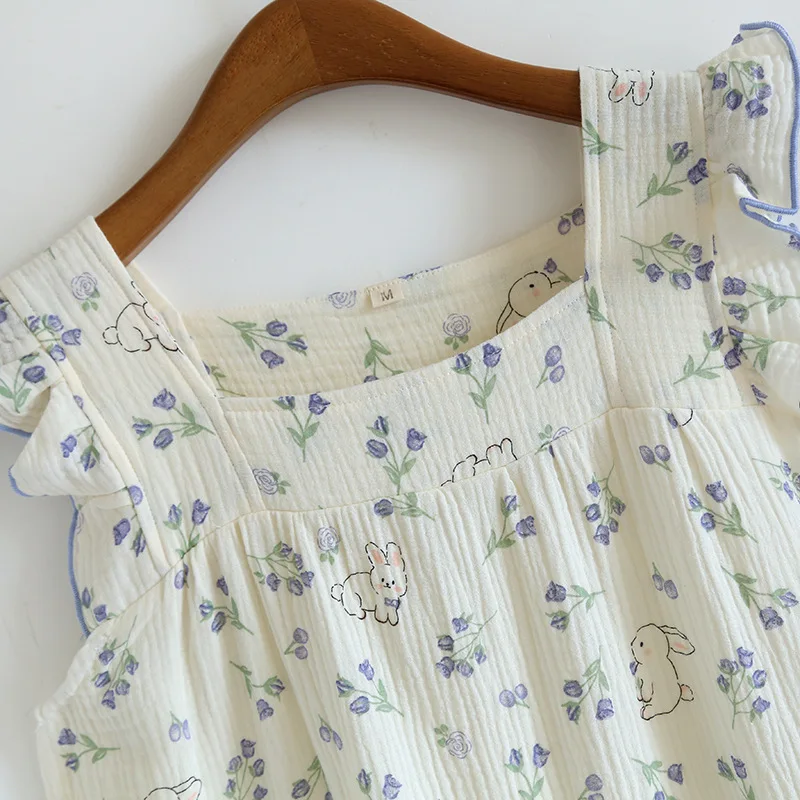 2023 Summer New Women's Sleeping Dress 100% Cotton Crepe Women's Tank Top Dress Cute Sweet Slim Slim Loose Size Home Dress