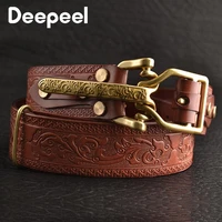 deepeel1pc sml mens embossed first layer cowhide belt male pure brass buckle handmade diy cavalry waistband jeans accessories