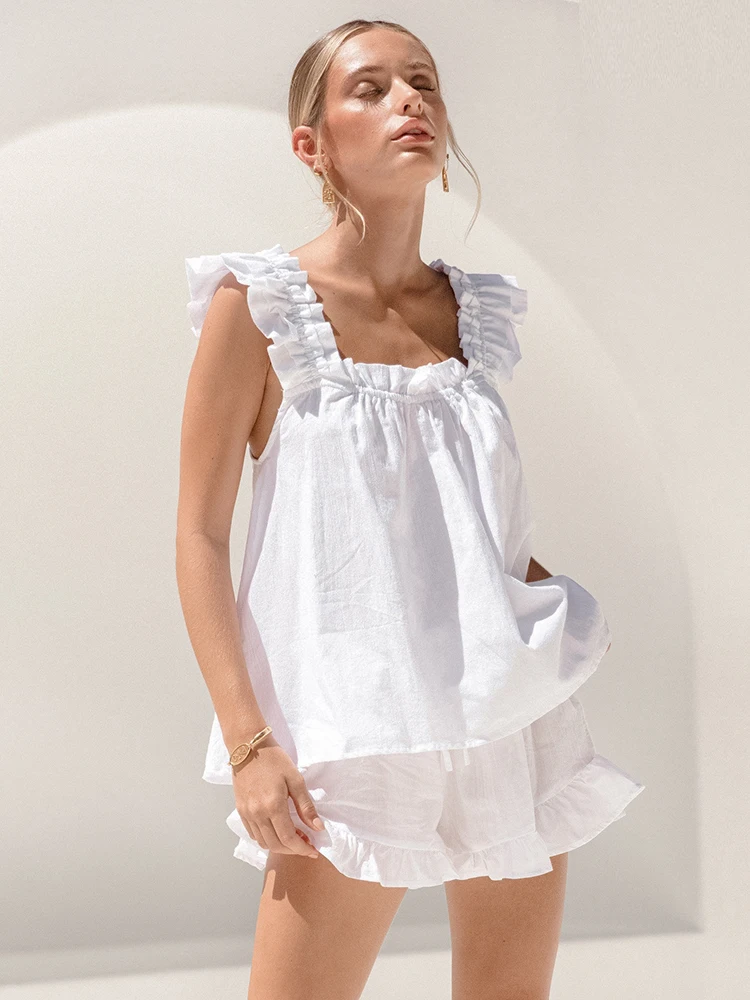 

Restve White Home Clothes For Women 2 Piece Set Chic Sleeveless Tops Female Casual Night Suits With Shorts Peplum Autumn 2022