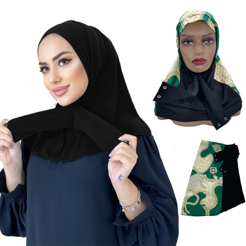 

Satin Patchwork Snap Fastener Hijab Scarf Ready Headscarf Neck Head Full Cover Women's Head Wraps Muslim Scarf Turkey Kaftan