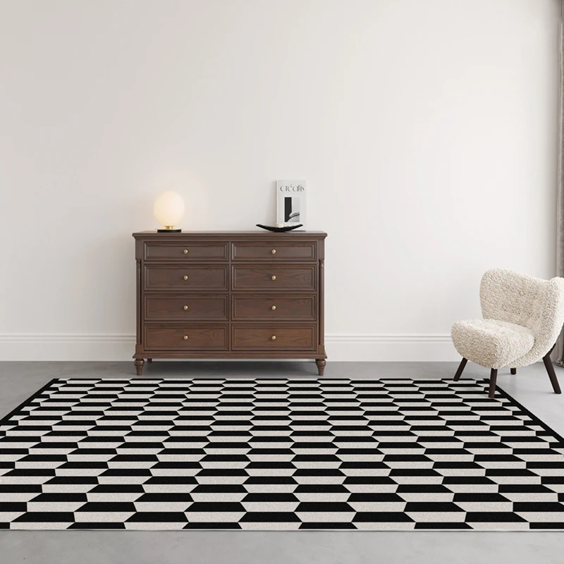 

Light Luxury French Modern Brown Plaid Living Room Carpet Bedroom Bedside Retro Striped Large Area Decorative Carpet Non-Slip Ma