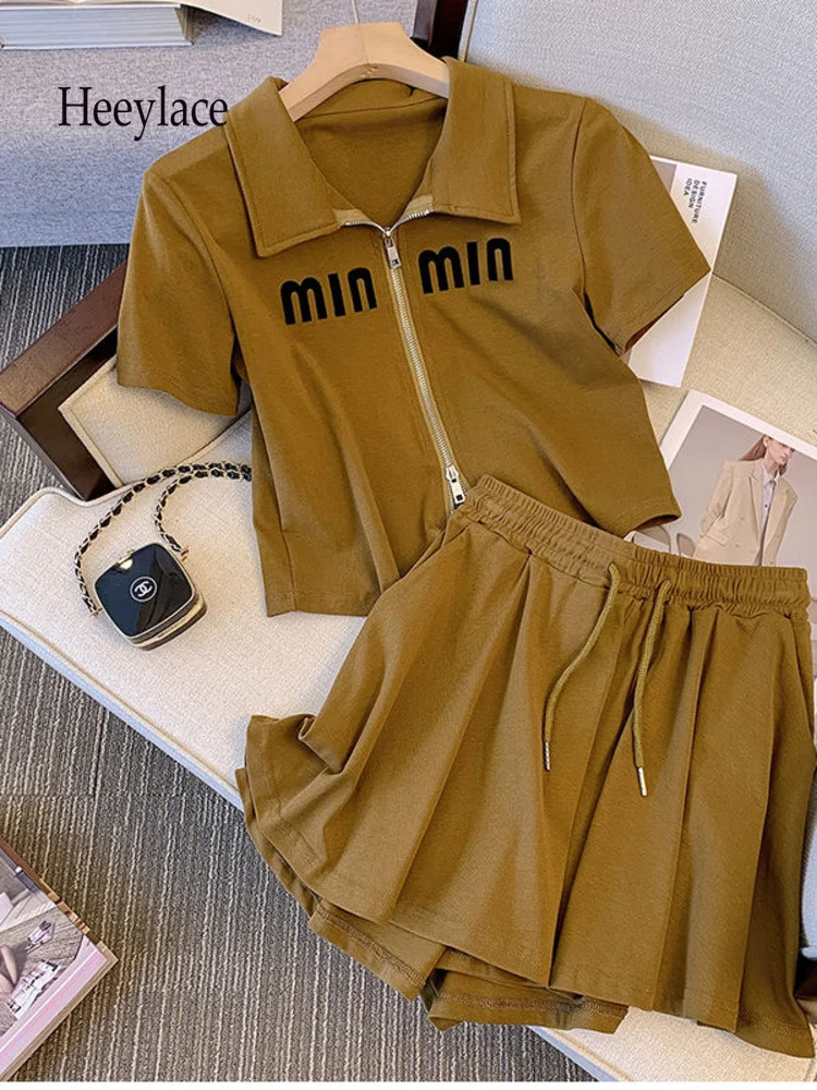 

Summer Sportswear Korean Casual 2 Piece Sets Womens Short Sleeve Zipper Tops And Elastic Waist Shorts Sets For Women Outfits