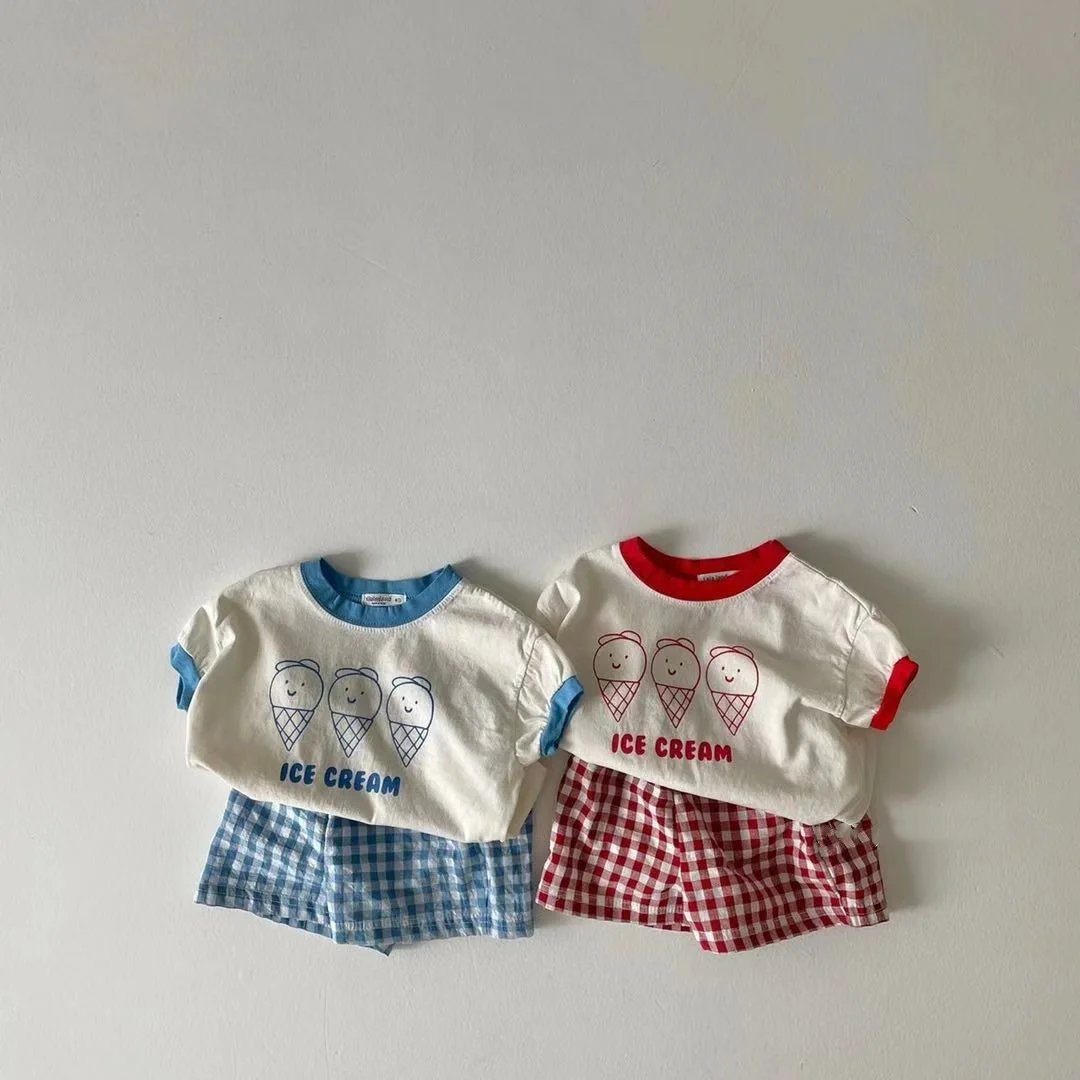 

Infant Casual Loose Set Baby Girl Simple Ice Cream Tshirt And Solid Plaid Soft Cotton Shorts 2pc Suit Toddler Boy Sports Sets