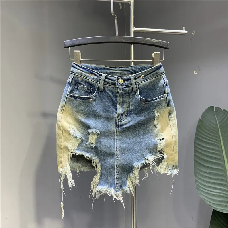 

2022 Summer New Retro Color Ripped Street Denim Skirt Female Slimming Stretch Package Hip Skirts for Women Hot Girls Short Skirt