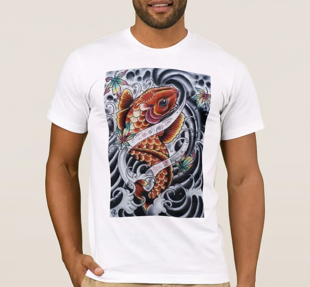 Colored KOI Tattoo Look Printed Premium T-Shirt. Summer Cotton Short Sleeve O-Neck Mens T Shirt New S-3XL