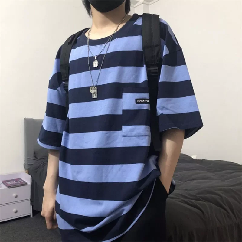 

NEW2023 Hot Hip Hop Stripe Youthful Vitality Short Slevees t Shirt Harajuku Loose Unisex Punk Style Casual Top Kpop Pullover Str