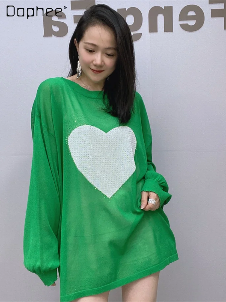 

Rhinestone Mid-Length Long-Sleeved Sweater 2023Spring Summer Round Neck Neck Love Pattern Air Conditioning Knitted T-shirt Women