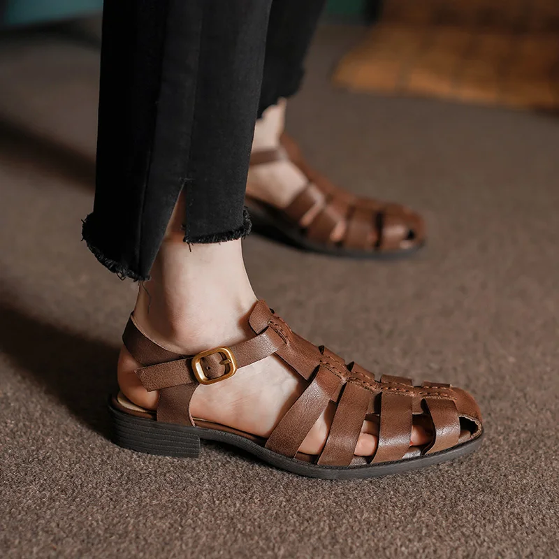 

Women Sandals Retro Ladies Cowhide Spring Shoes Closed Toe Shoes Woman Vintage Gladiator Buckle Strap Roman StyleSummer Sandal