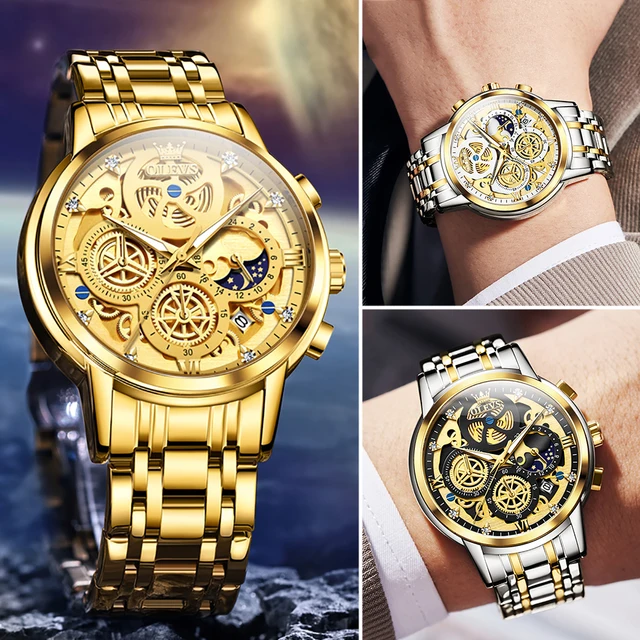 OLEVS Men's Watches Top Brand Luxury Original Waterproof Quartz Watch for Man Gold Skeleton Style 24 Hour Day Night New 4