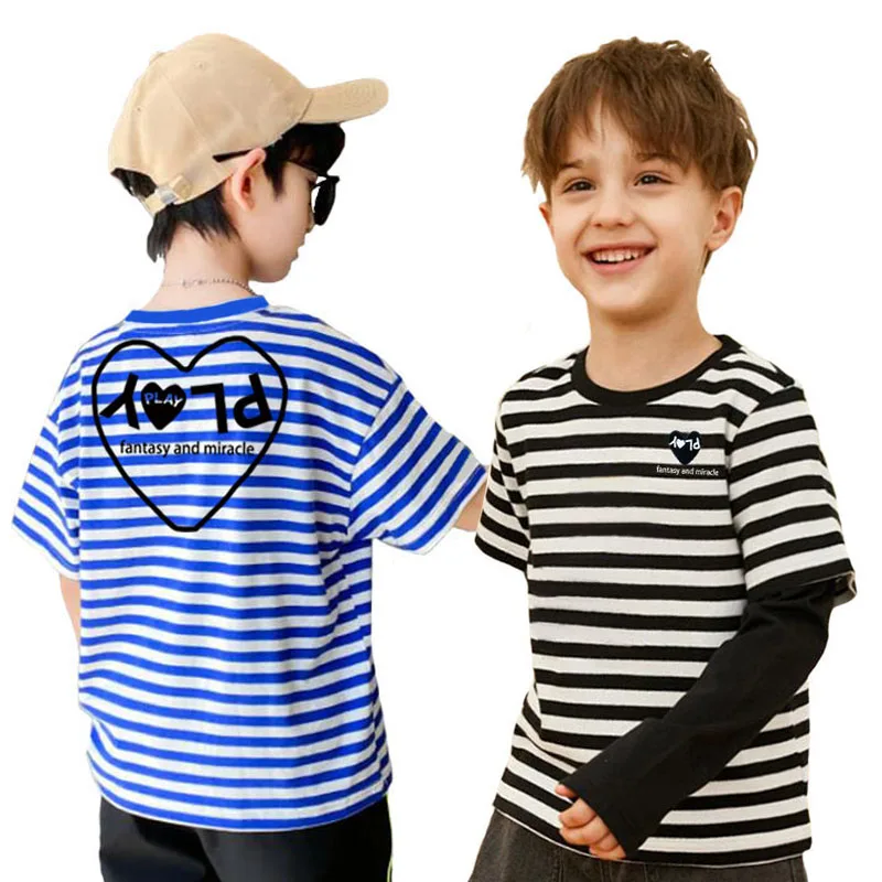 

Хлопковая футболка для мальчиков и девочек, Прямая рубашка в полоску, с коротким рукавом, с вышивкой сердечком на спине, с круглым вырезом и принтом сердечек, лето