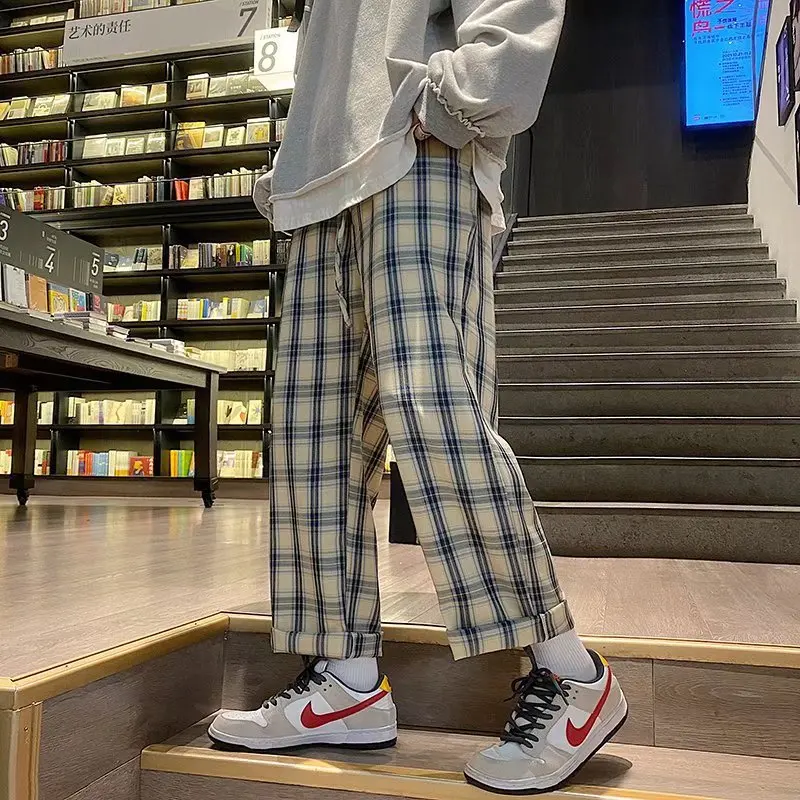 

Мужские брюки 2022, мужские клетчатые брюки, свободные прямые повседневные брюки, мужские трендовые Молодежные драпированные широкие брюки