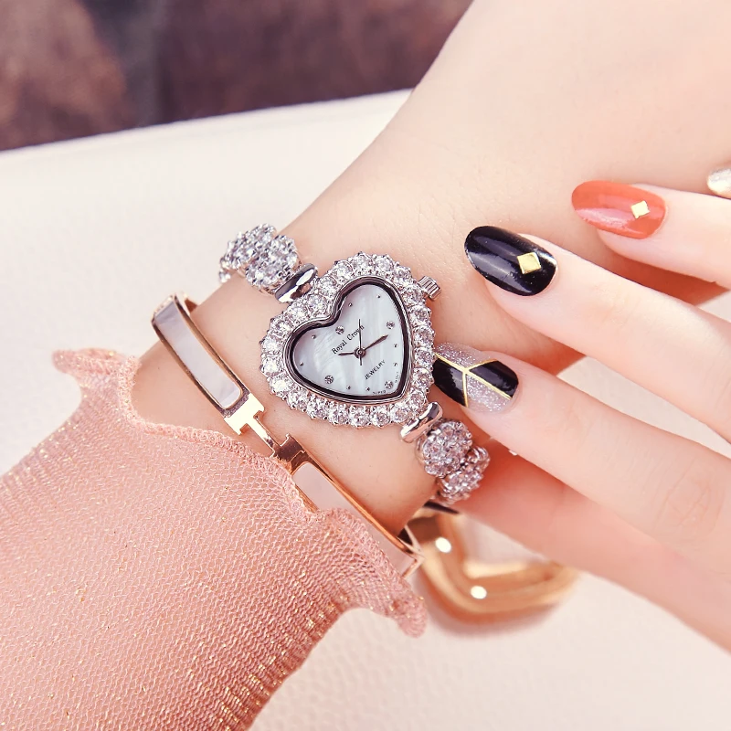 Luxury Crystal Jewelry Lady Women's Watch Fashion Heart Hours Shell Dress Bracelet Clock Rhinestone Girl's Gift Royal Crown Box