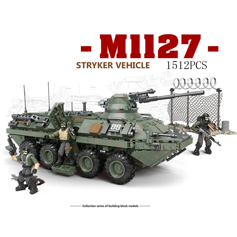 

Modern Military United States M1127 Stryker Vehicle Ifv Mega Block Model Ww2 Army Figures Building Bricks Toys Collection
