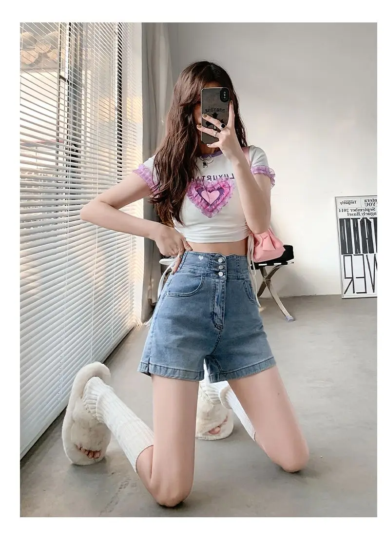 Women Wide Leg Shorts Denim Button-fly High Waist Harajuku BF Loose Korean Style Students Leisure Streetwear Summer Hot Trousers