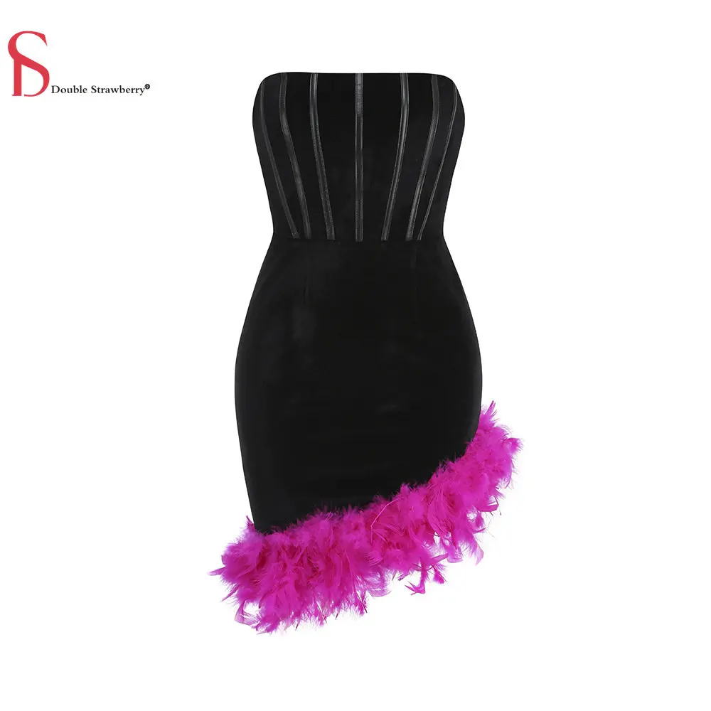 High Quality Dresses Women's Sexy Wrap Chest Waist Irregular Feather Dress Party Fishbone Dress Rear Strap