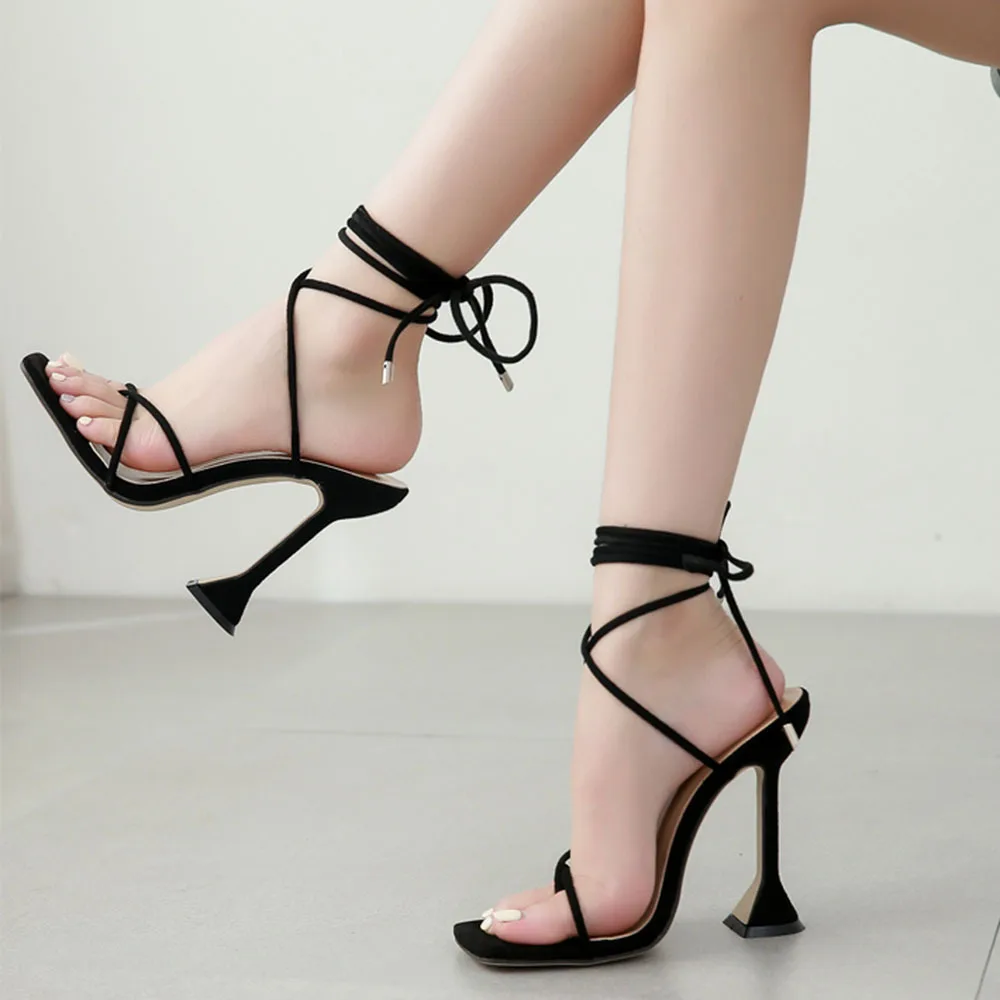 

New Shoes for Women 2022 Summer New Sexy Roman Style Winding Strap Square Toe Open Toe Wine Glass Heel Sandals