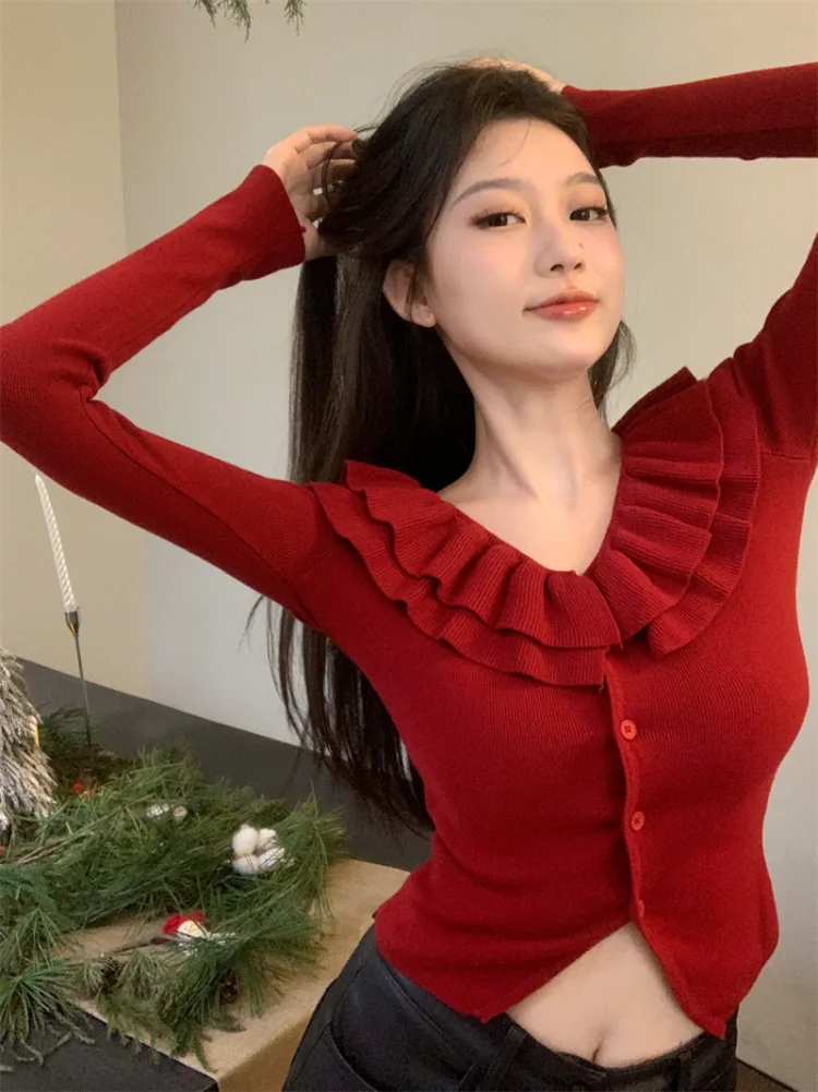 

Korobov V-neck Ruffles Sweater Female French Vintage Cardigans Red Knitwears Slim Y2k Crop Tops Korean Fashion Sueters De Mujer