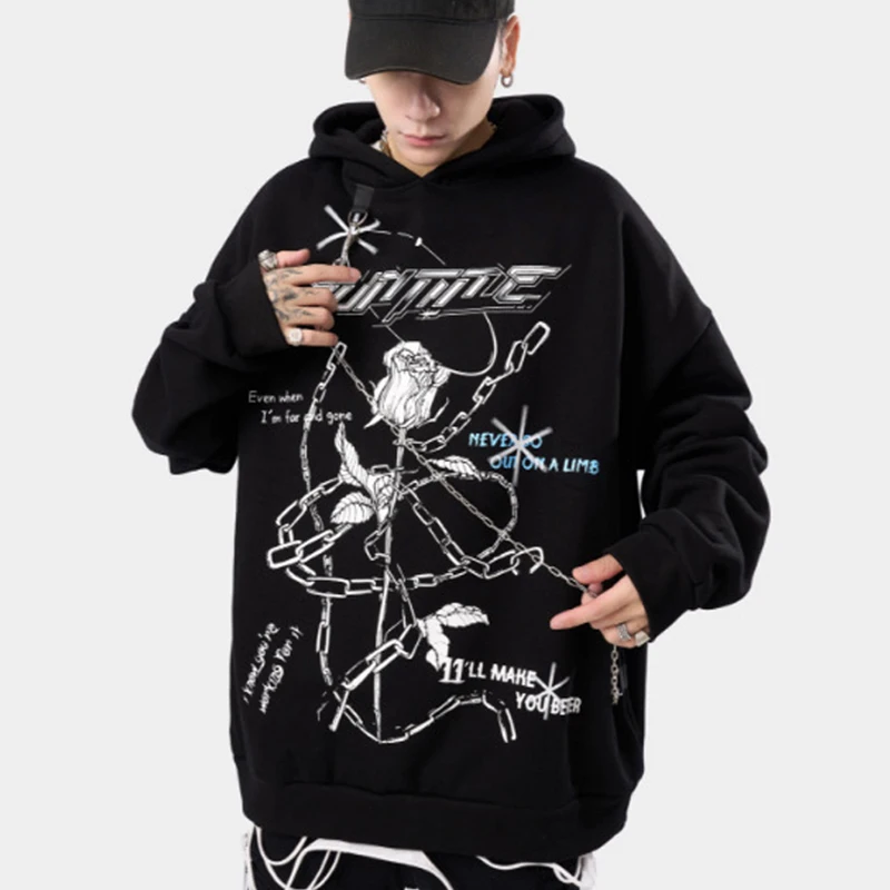 

Мужская Флисовая Толстовка с капюшоном, Черная Толстовка Оверсайз в стиле Харадзюку, с принтом в виде роз, осень 2022